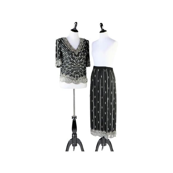 Vintage 1980s Black and Silver Sequin Beaded Top and Skirt Judith Ann Medium - Picture 3 of 10